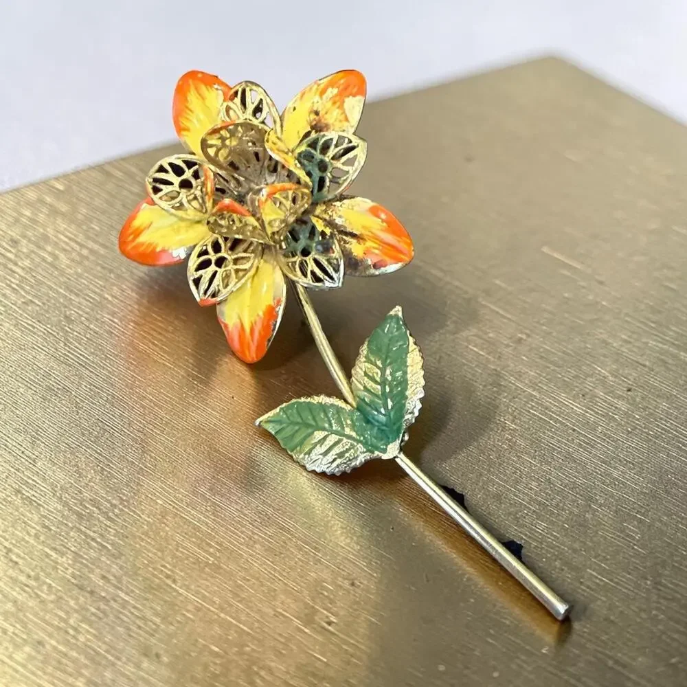 Vintage Enamel Metal Filigree Flower Brooch Yellow, Orange, Green Colors